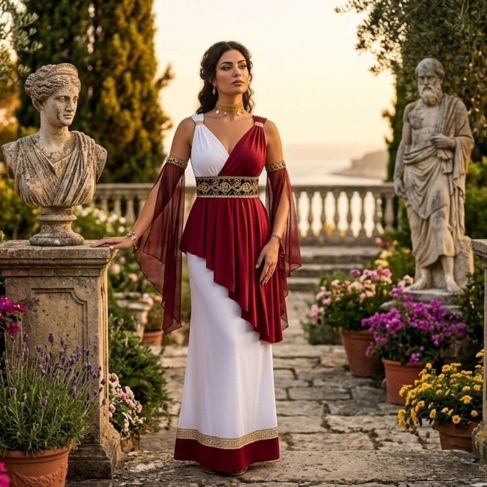 Imperial Empress Women Costume Roman Greek Goddess 4pc Set Burgundy White Siz XL